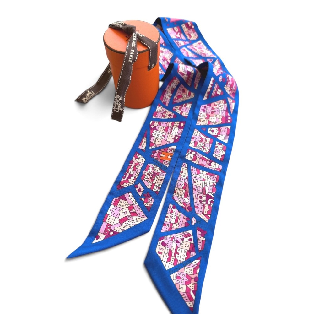 Hermès Twilly Blue Pink Village Print Silk Scarf w/ Box & Ribbon